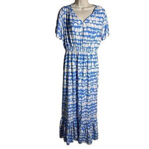 NWOT Kindred Anthropologie Blue Patterned Maxi dress size L Rayon Slit